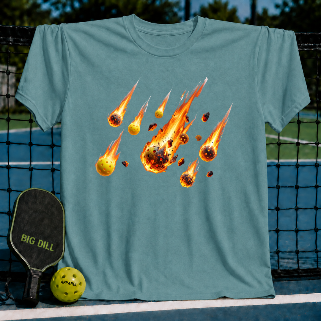 Blue-grey unisex t-shirt featuring a flaming pickleball meteor shower graphic, displayed on a pickleball court.