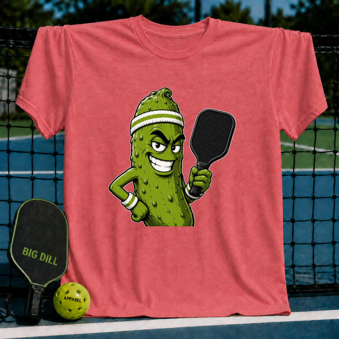 Coral unisex t-shirt featuring a smirking pickle character with a sweatband and pickleball paddle on a court.