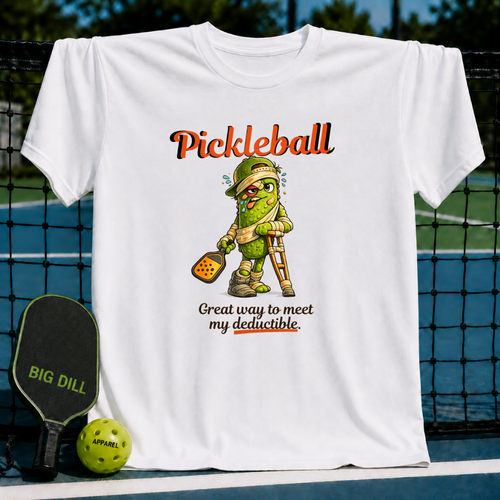 White unisex t-shirt featuring a cartoon pickle on crutches with the text Pickleball: Great way to meet my deductible.