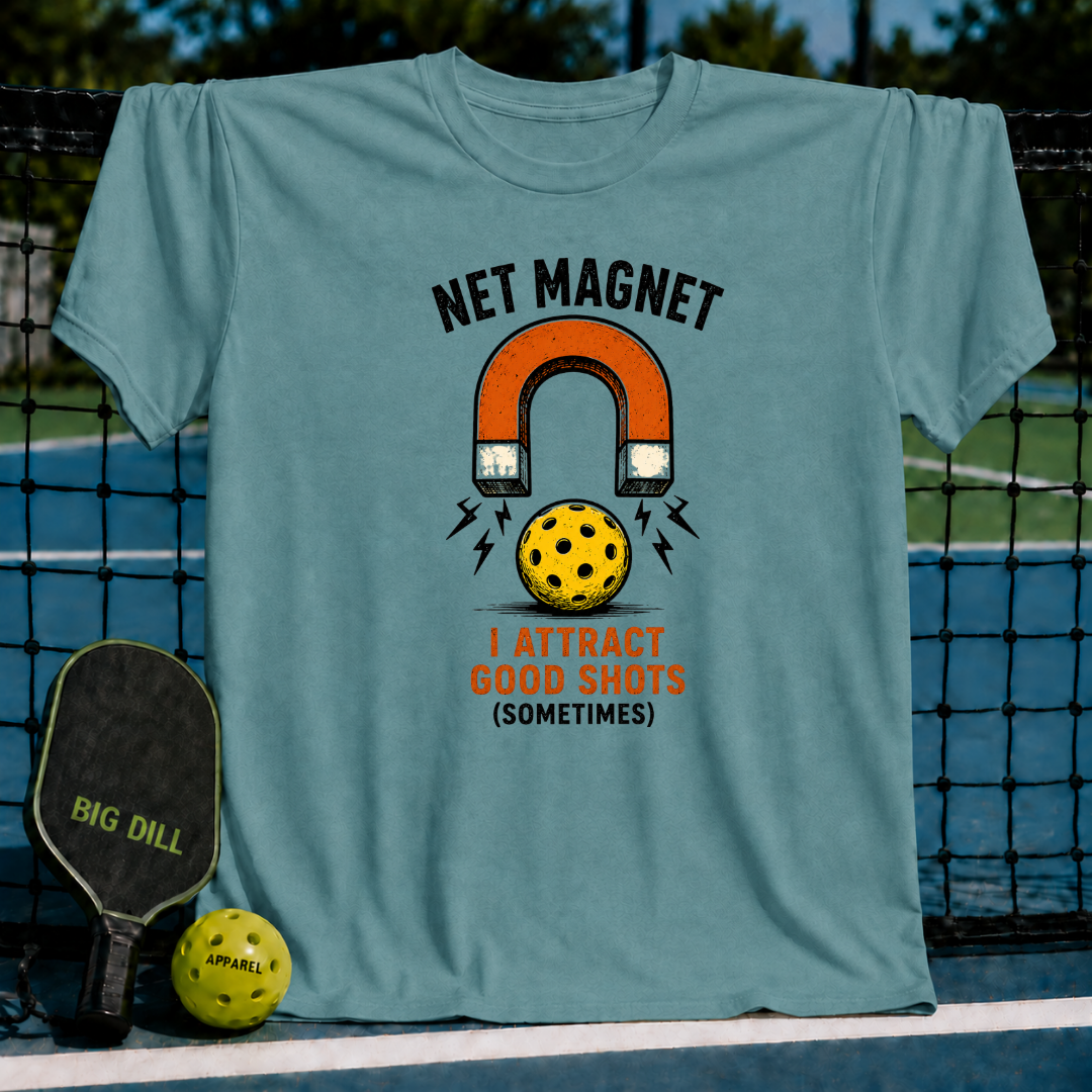 Mint green unisex t-shirt featuring a vintage horseshoe magnet and pickleball graphic with Net Magnet text on a court.