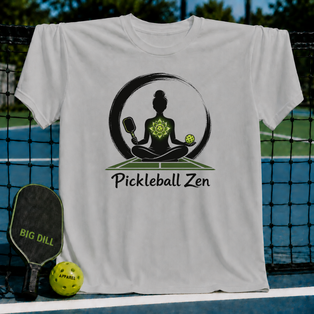 Light gray t-shirt featuring a meditating woman with a pickleball paddle and ball graphic, displayed on a pickleball court.
