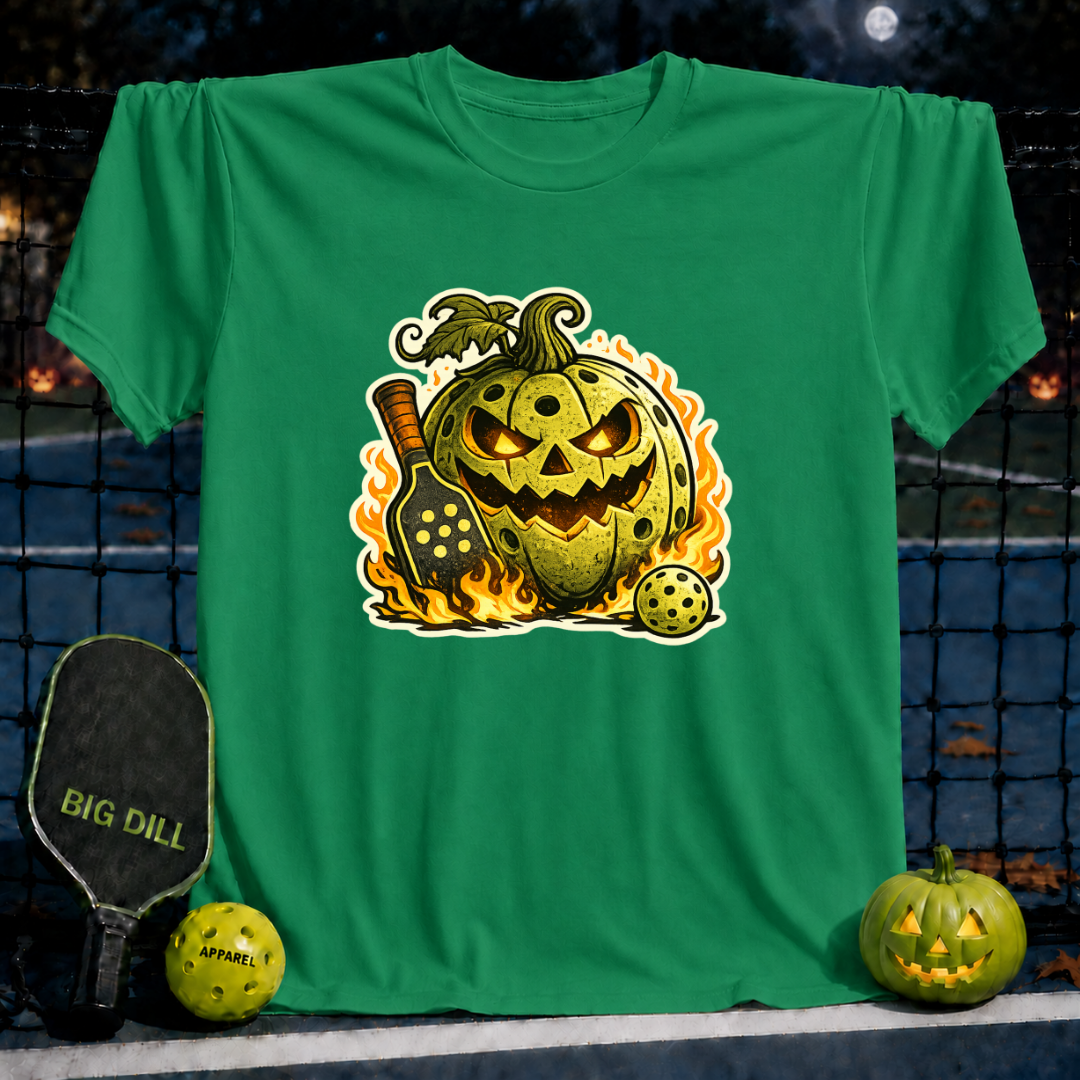 Kelly green unisex t-shirt featuring a flaming jack-o'-lantern pickleball graphic with a paddle and ball.