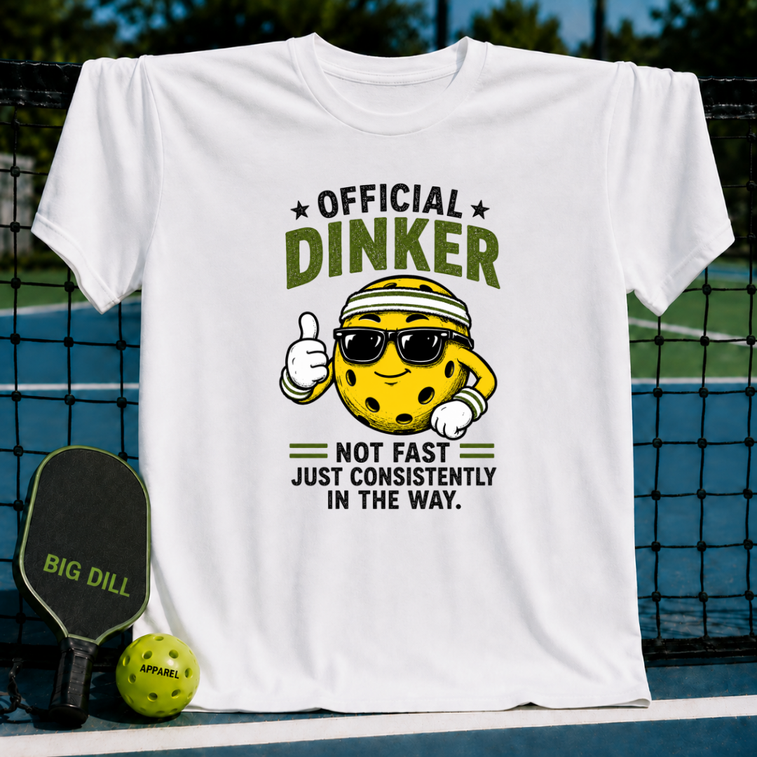 White crew neck t-shirt featuring a cartoon pickleball character with sunglasses and the text Official Dinker.
