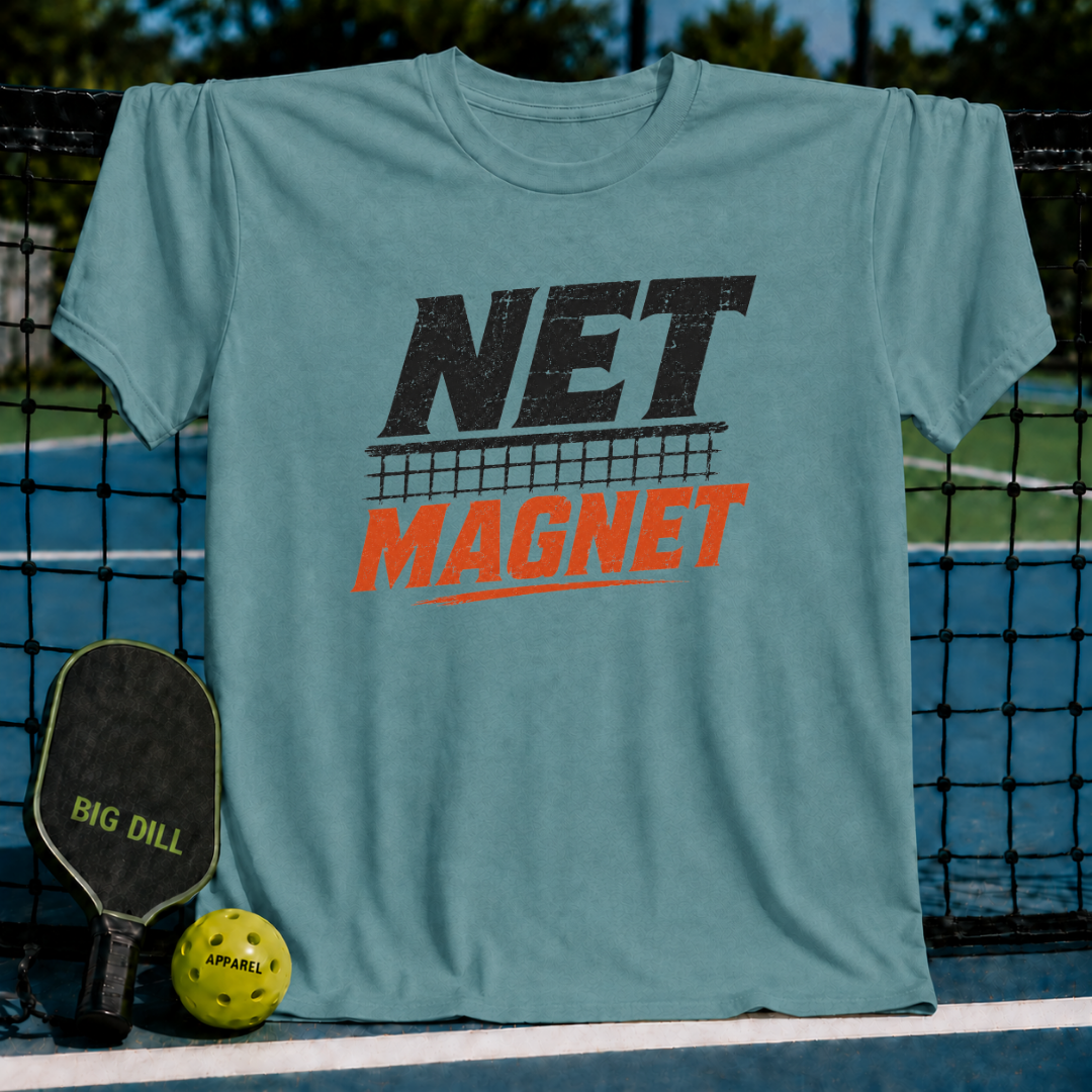 Vibrant teal unisex t-shirt featuring a distressed black and red Net Magnet graphic with a pickleball net design.