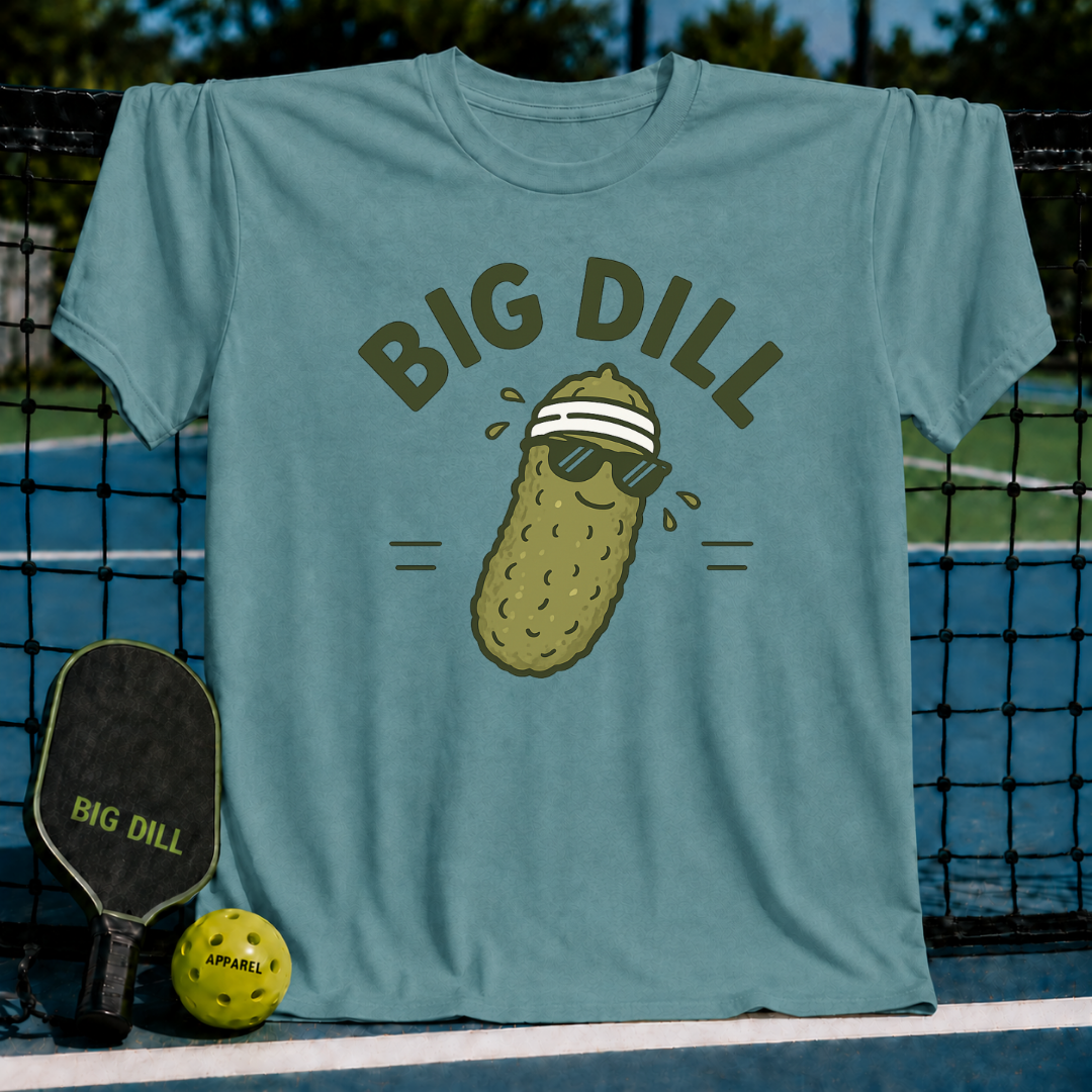 Blue-grey unisex t-shirt featuring a cartoon pickle wearing sunglasses and a sweatband with the text Big Dill.