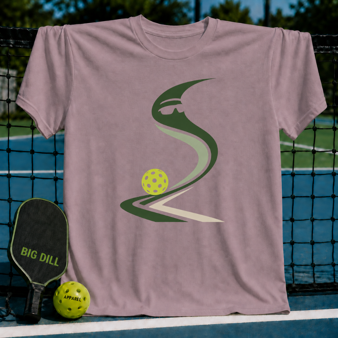 Dusty rose crewneck t-shirt featuring a stylized green pickleball graphic on a pickleball court background.