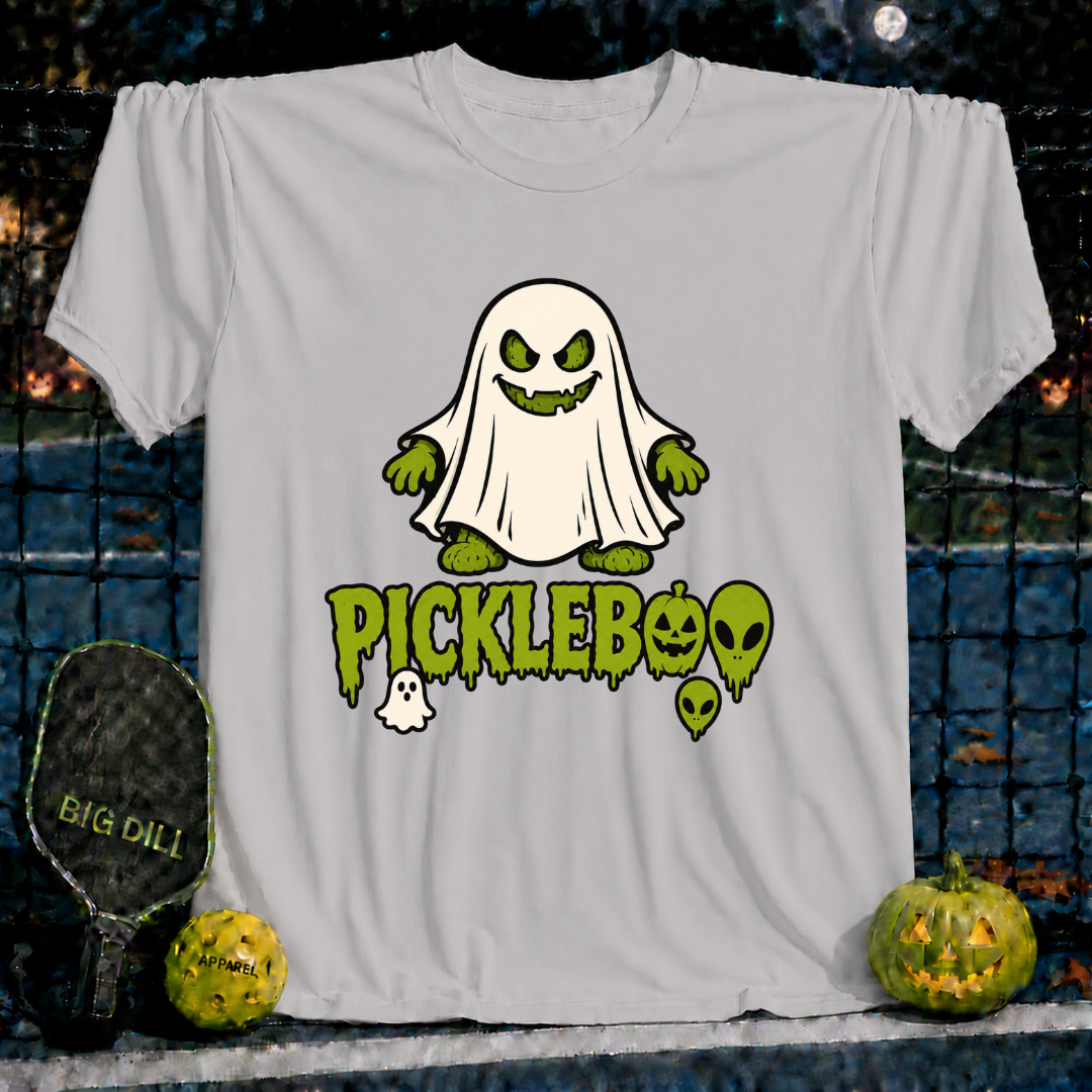 Light grey unisex PickleBoo t-shirt featuring a spooky ghost and pickleball graphic with green dripping text.