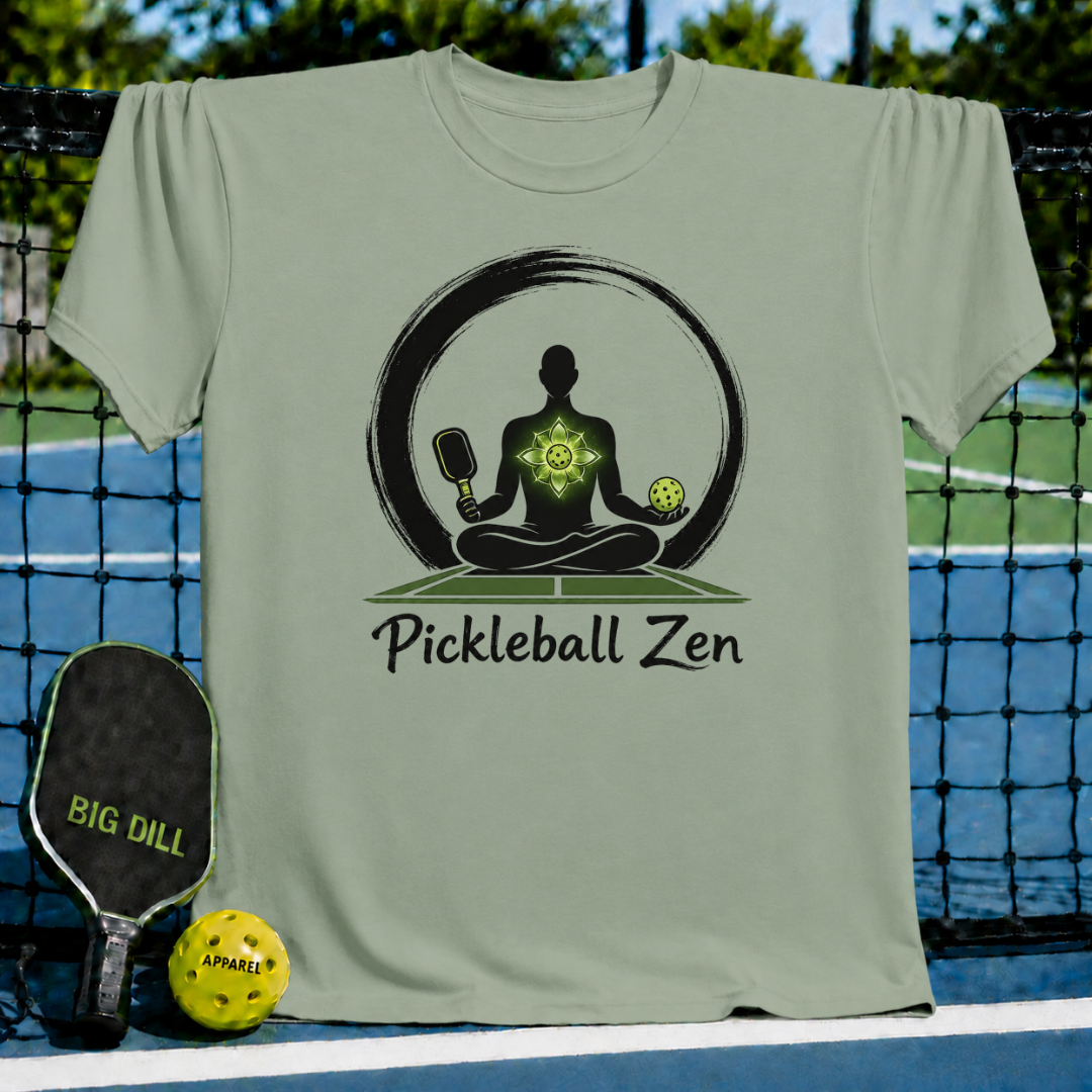 Sage green t-shirt featuring a meditating figure with a pickleball paddle and ball, set against a pickleball court background.