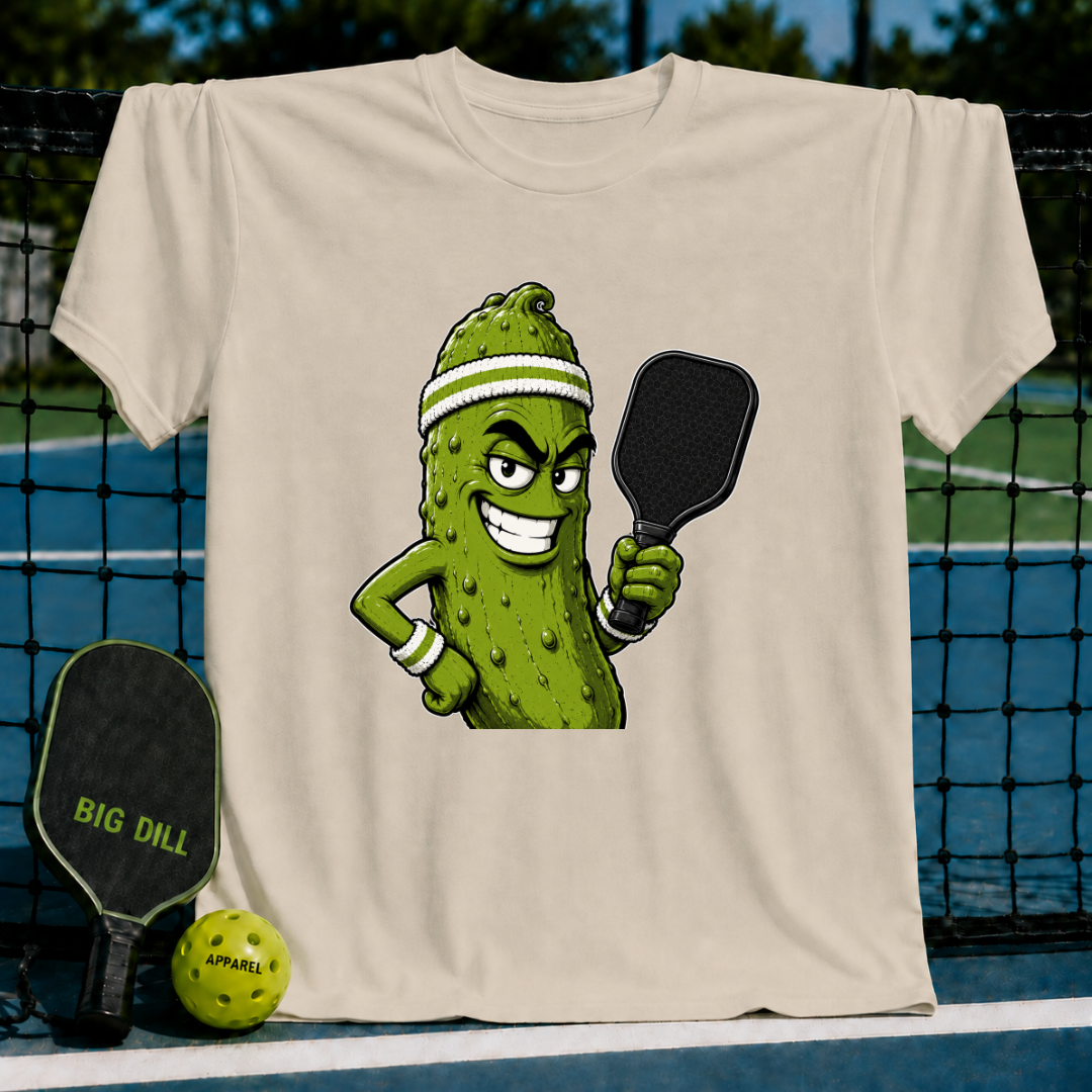 Beige unisex t-shirt featuring a smirking pickle character with a sweatband and pickleball paddle on a court background.