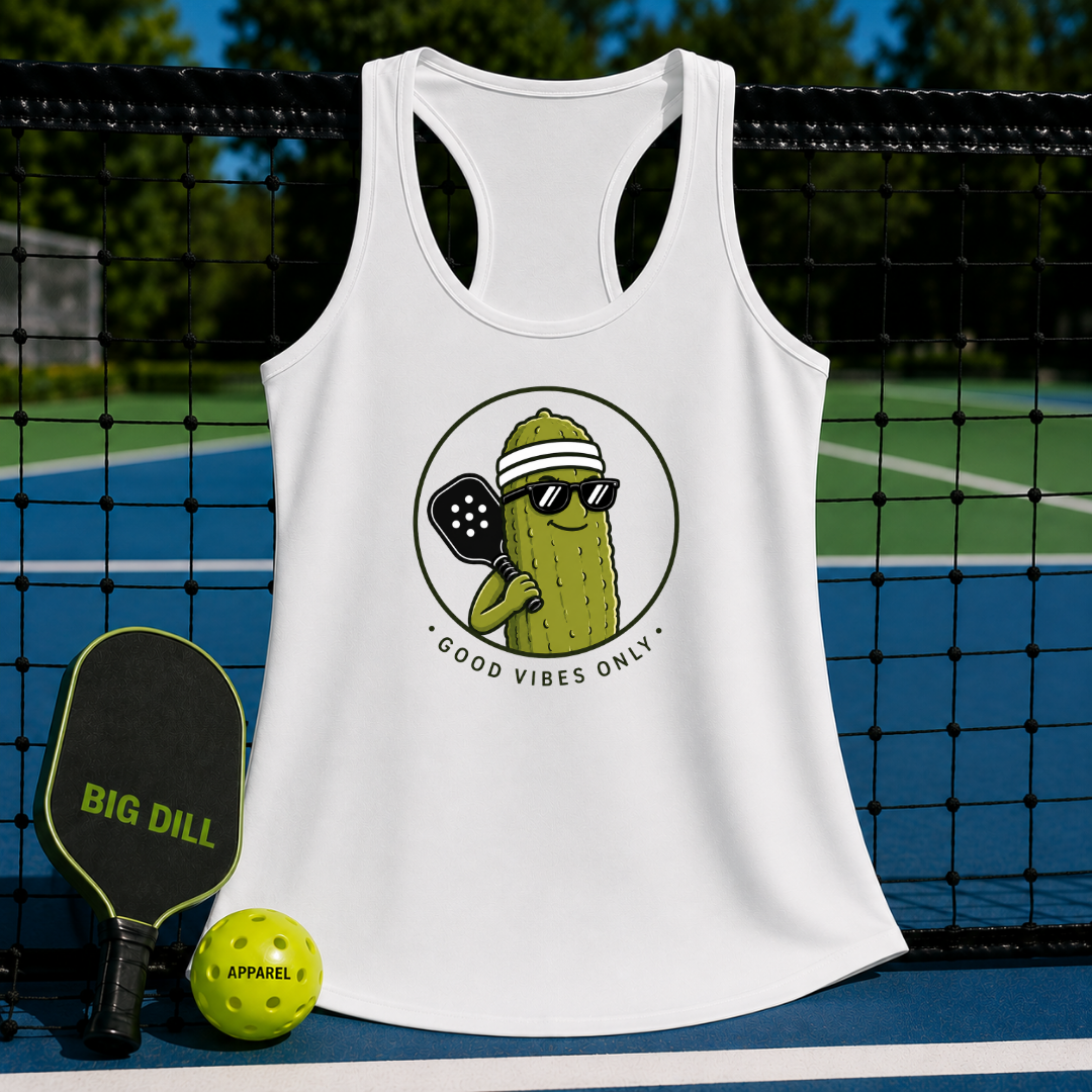 White racerback tank featuring a retro pickle character graphic with sunglasses and a pickleball paddle.