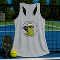 Grey racerback tank with a retro pickle character graphic, sunglasses, and Good Vibes Only text on a pickleball court.