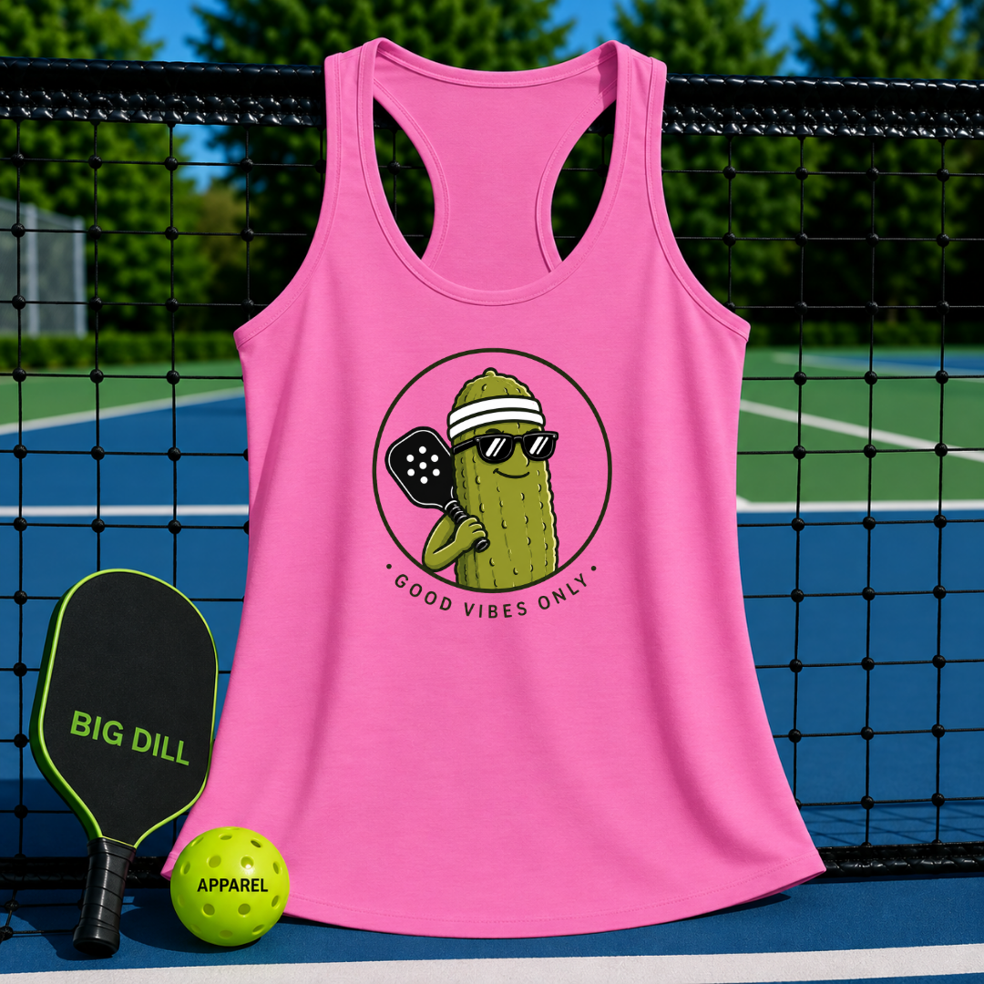 Pink racerback tank with a retro pickleball graphic featuring a cool pickle character on a pickleball court.