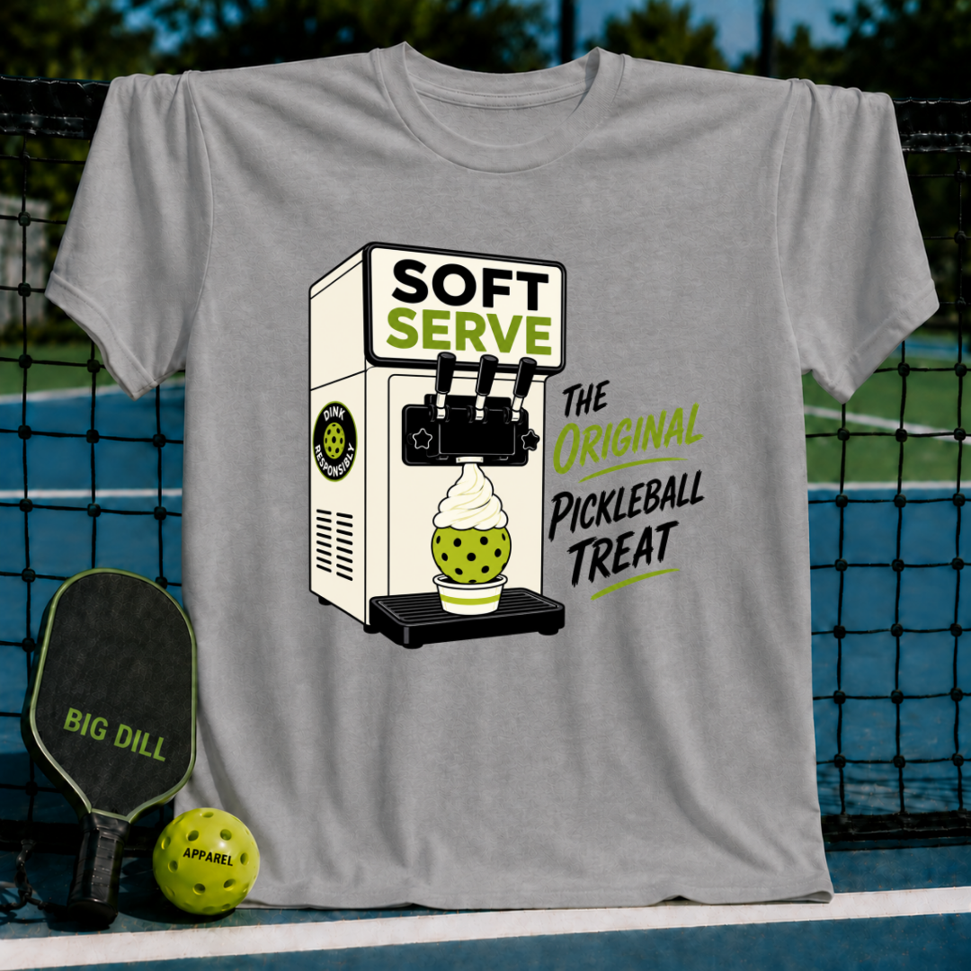Heather gray unisex t-shirt featuring a retro soft serve machine graphic with green pickleball ice cream.