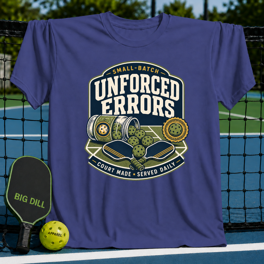 Purple cotton t-shirt featuring a vintage-style pickleball graphic with paddles, balls, and Unforced Errors text.