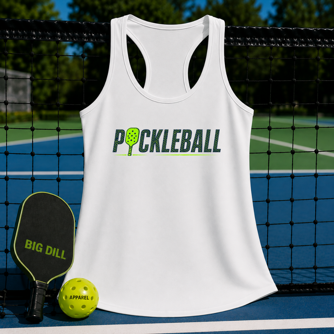 White racerback tank top with Pickleball graphic, displayed on a court with a paddle and ball.