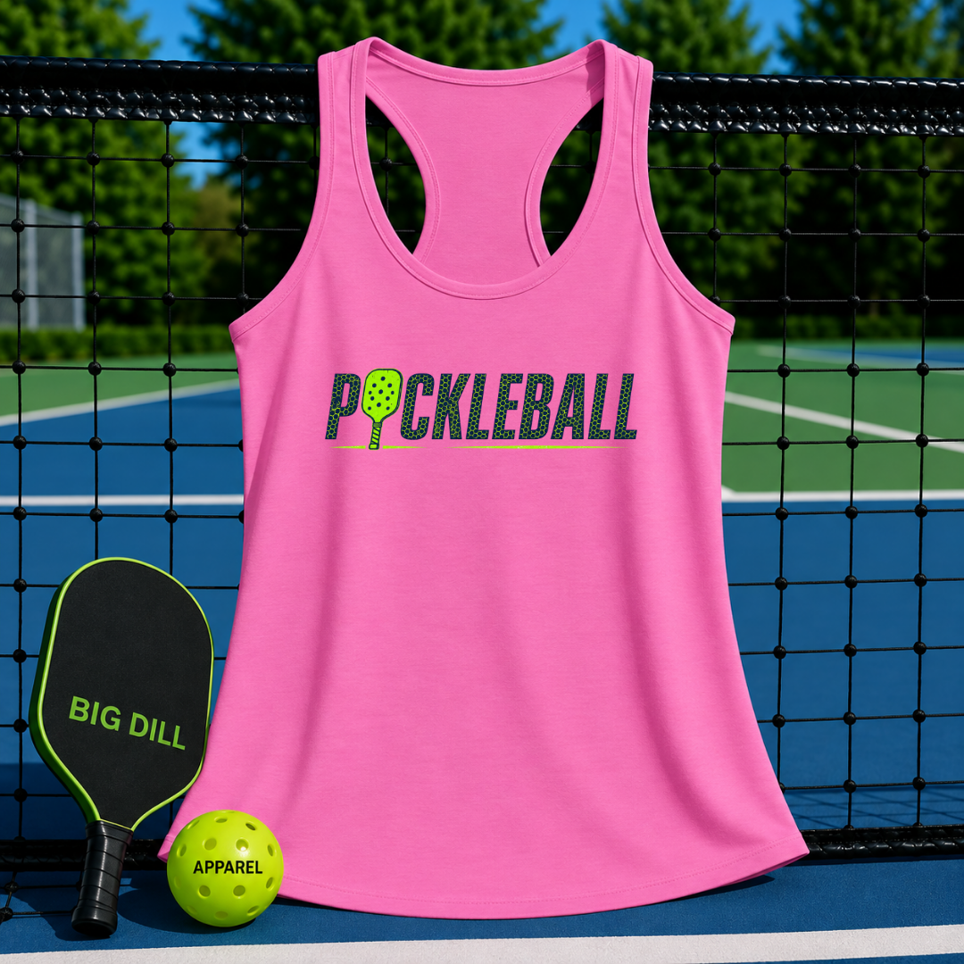 Pink racerback tank top with Pickleball graphic, displayed on a court with a paddle and ball.