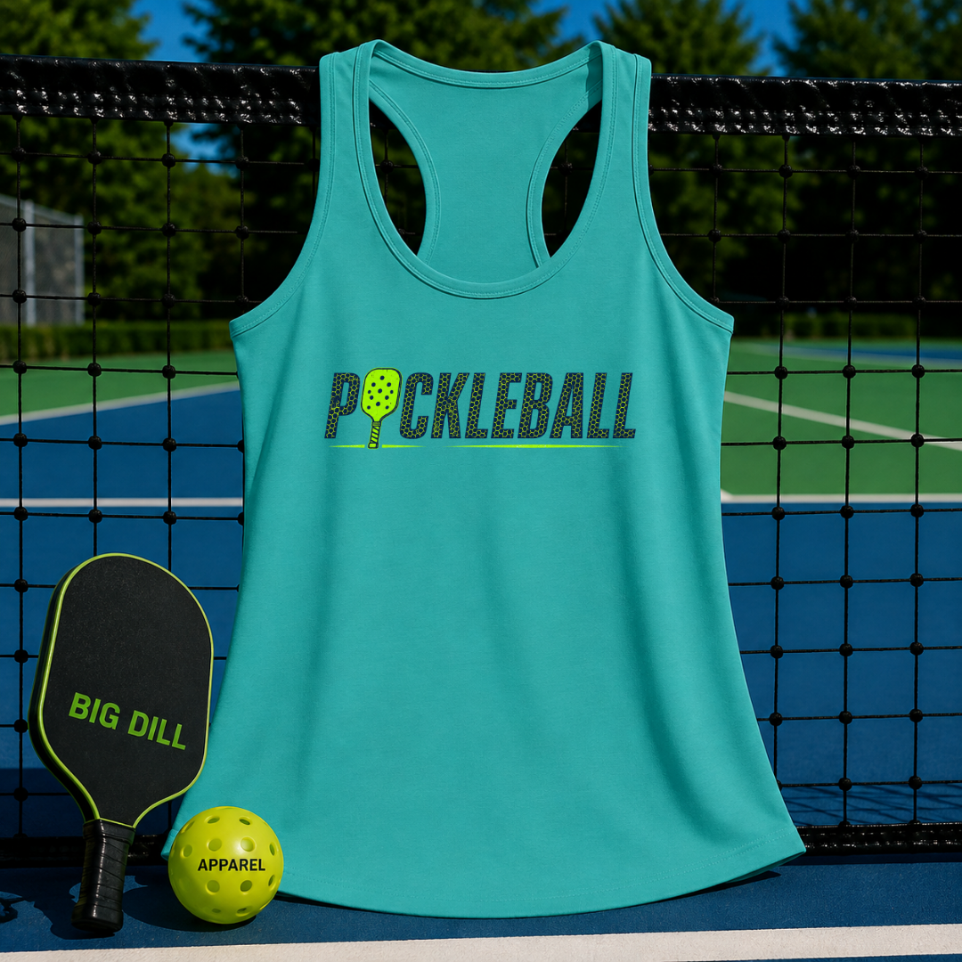 Teal racerback tank top with Pickleball graphic, displayed on a court net with a paddle and ball.