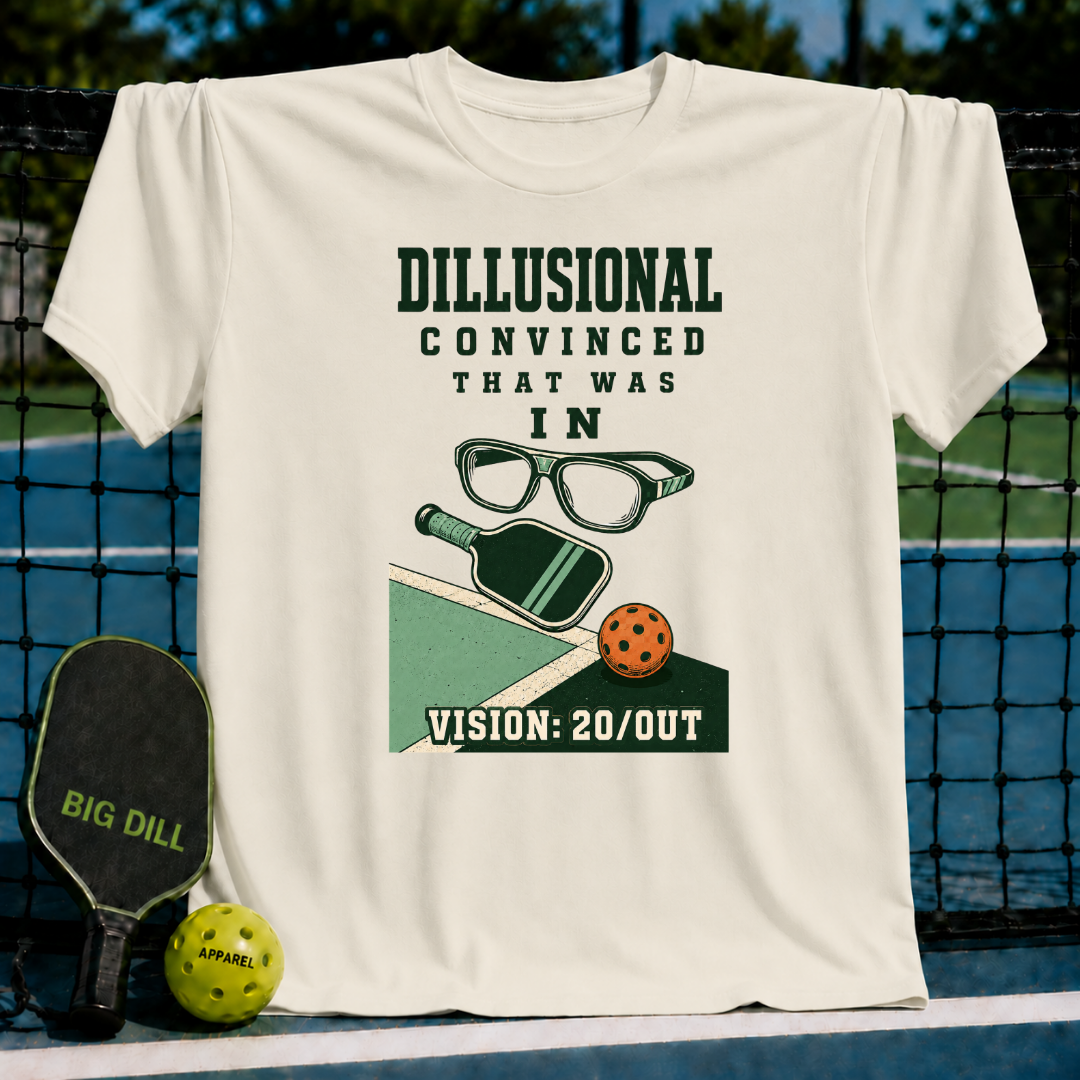 Cream-colored cotton t-shirt featuring a pickleball graphic with glasses, a paddle, a ball, and the text Vision 20/OUT.