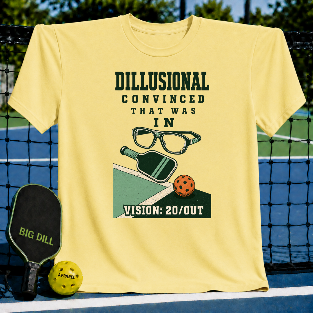 Pastel yellow crewneck t-shirt featuring a pickleball-themed graphic with glasses, a paddle, and the text Vision 20/OUT.