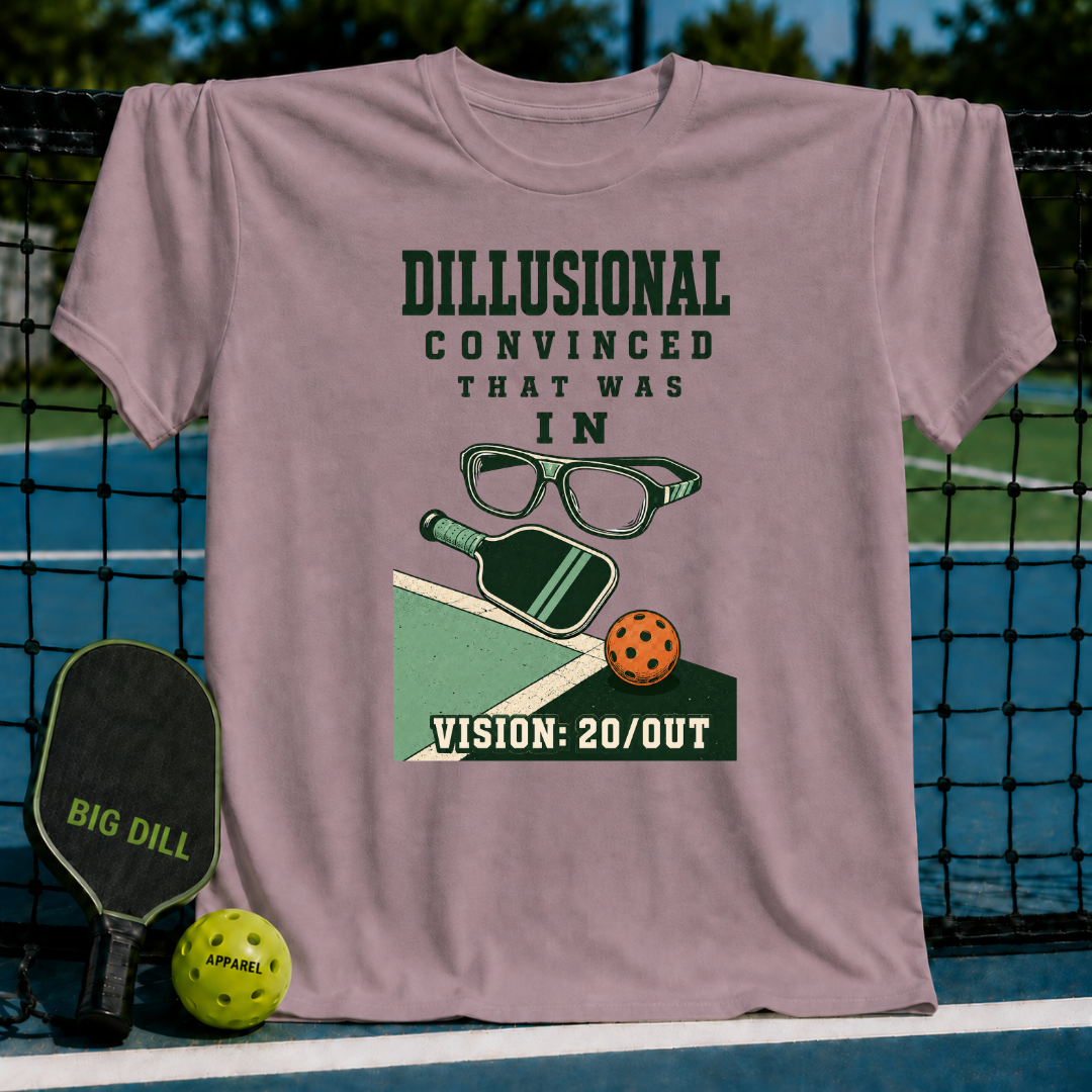 Mauve crewneck t-shirt featuring a pickleball graphic with glasses, a paddle, and the text Dillusional Vision 20/OUT.