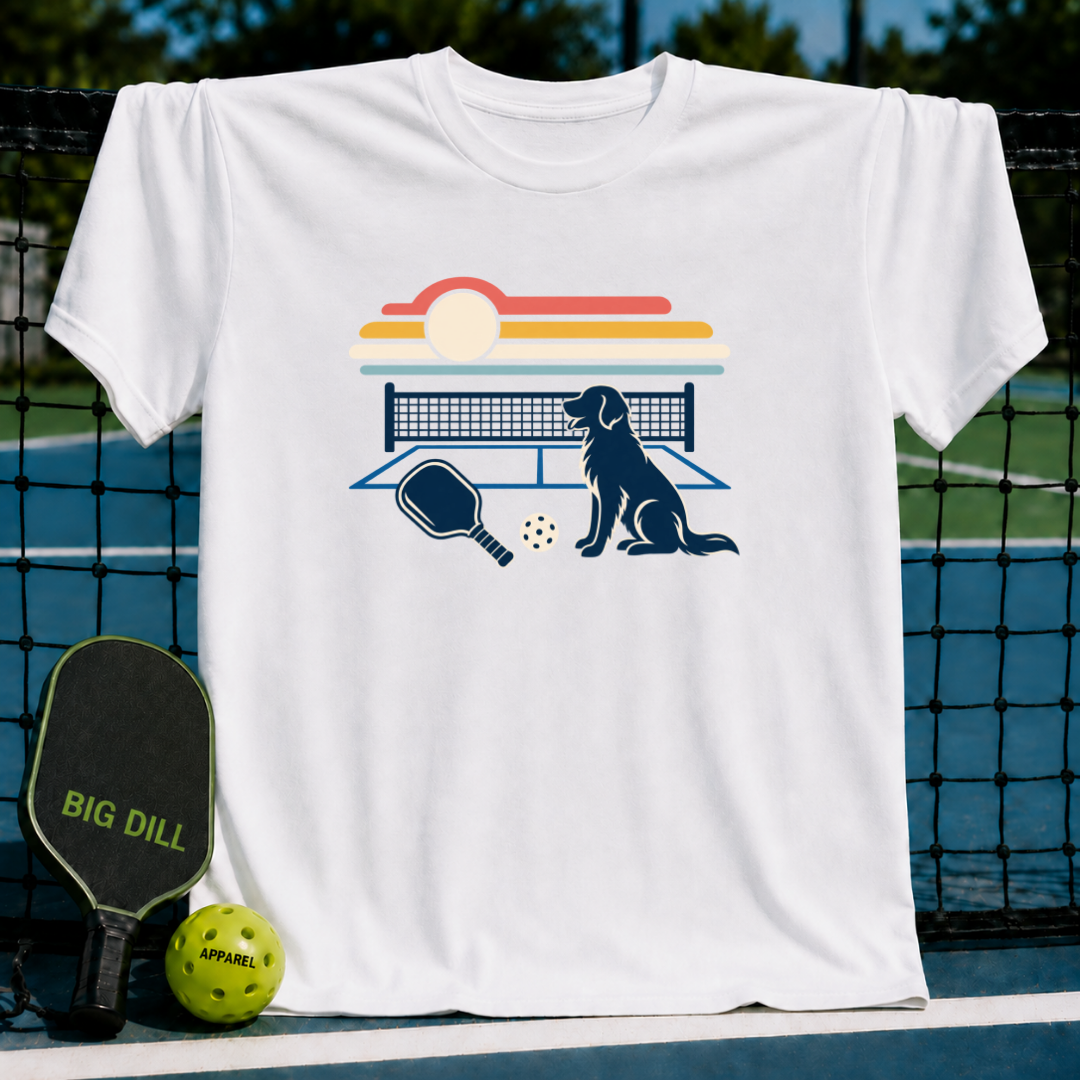 White t-shirt featuring a retro sunset, a dog, a pickleball paddle, and a ball graphic on a pickleball court background.