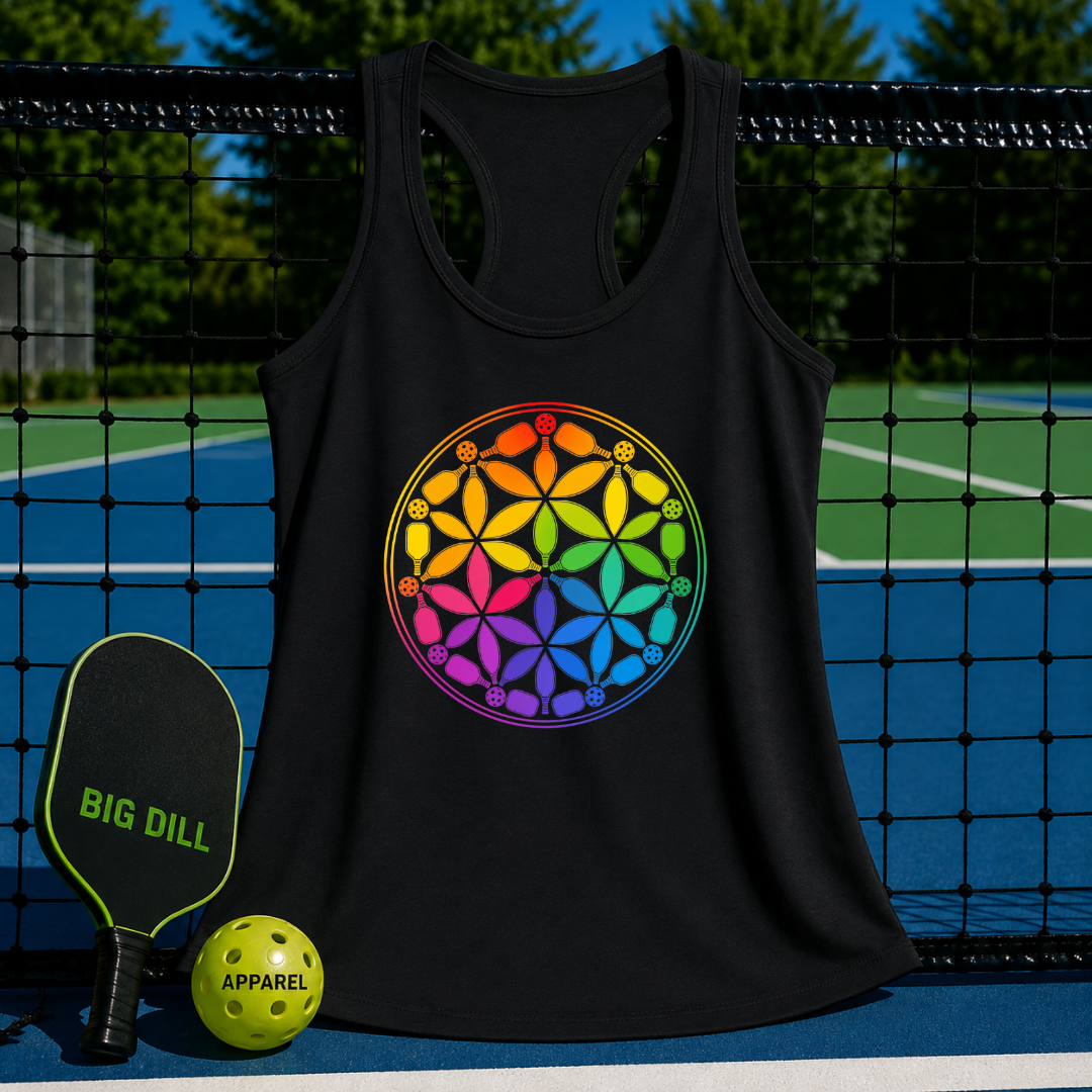 Black racerback tank featuring a colorful Flower of Life pickleball graphic, displayed on a pickleball court net.