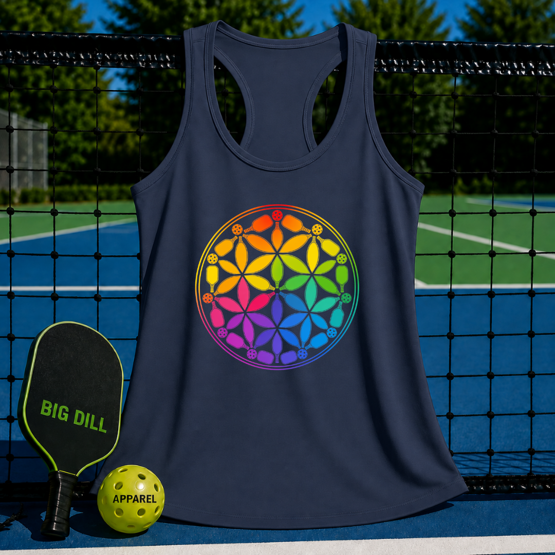 Navy blue racerback tank featuring a colorful, rainbow-gradient Flower of Life pickleball paddle graphic on a court.