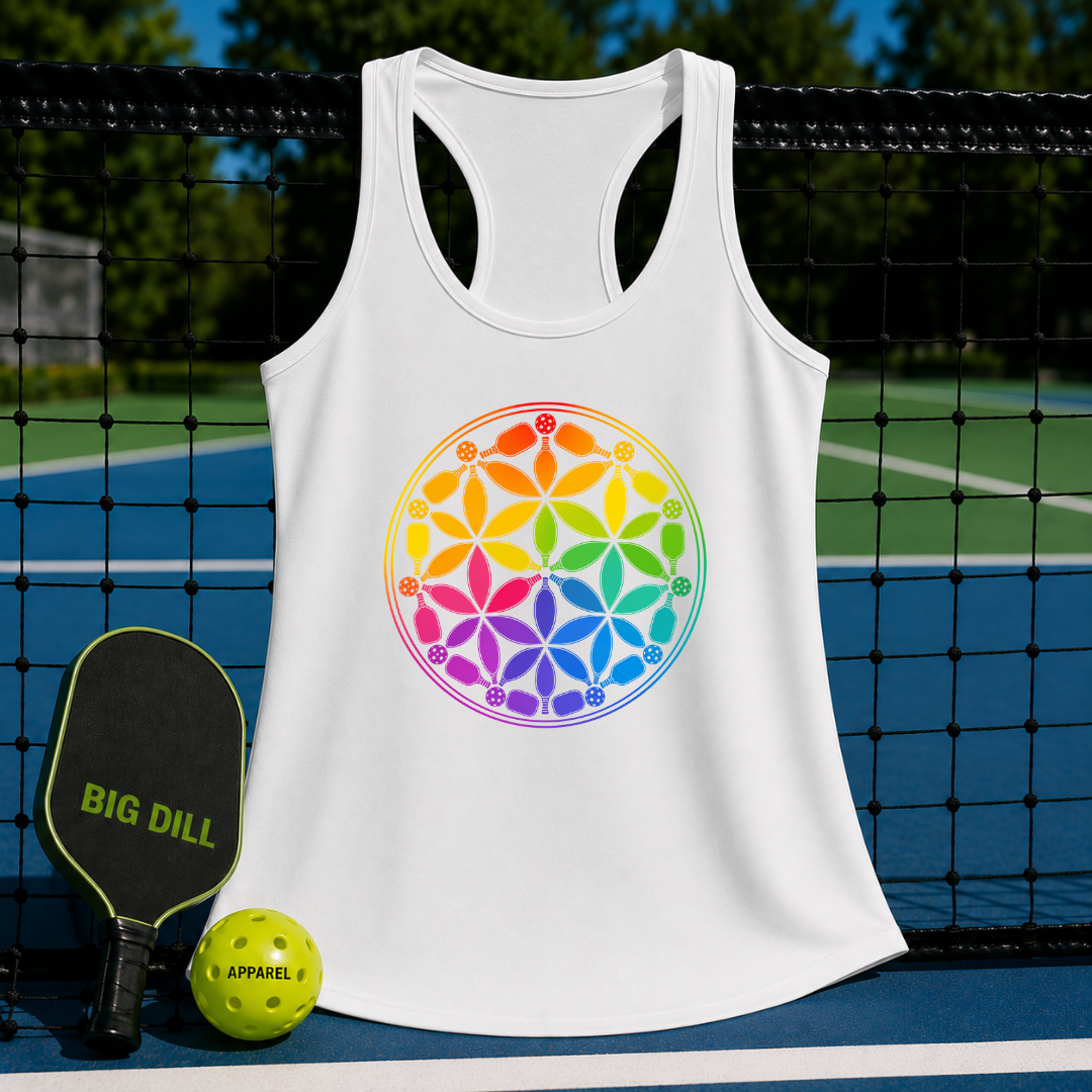 White racerback tank featuring a colorful, circular Flower of Life pickleball paddle graphic on a court background.