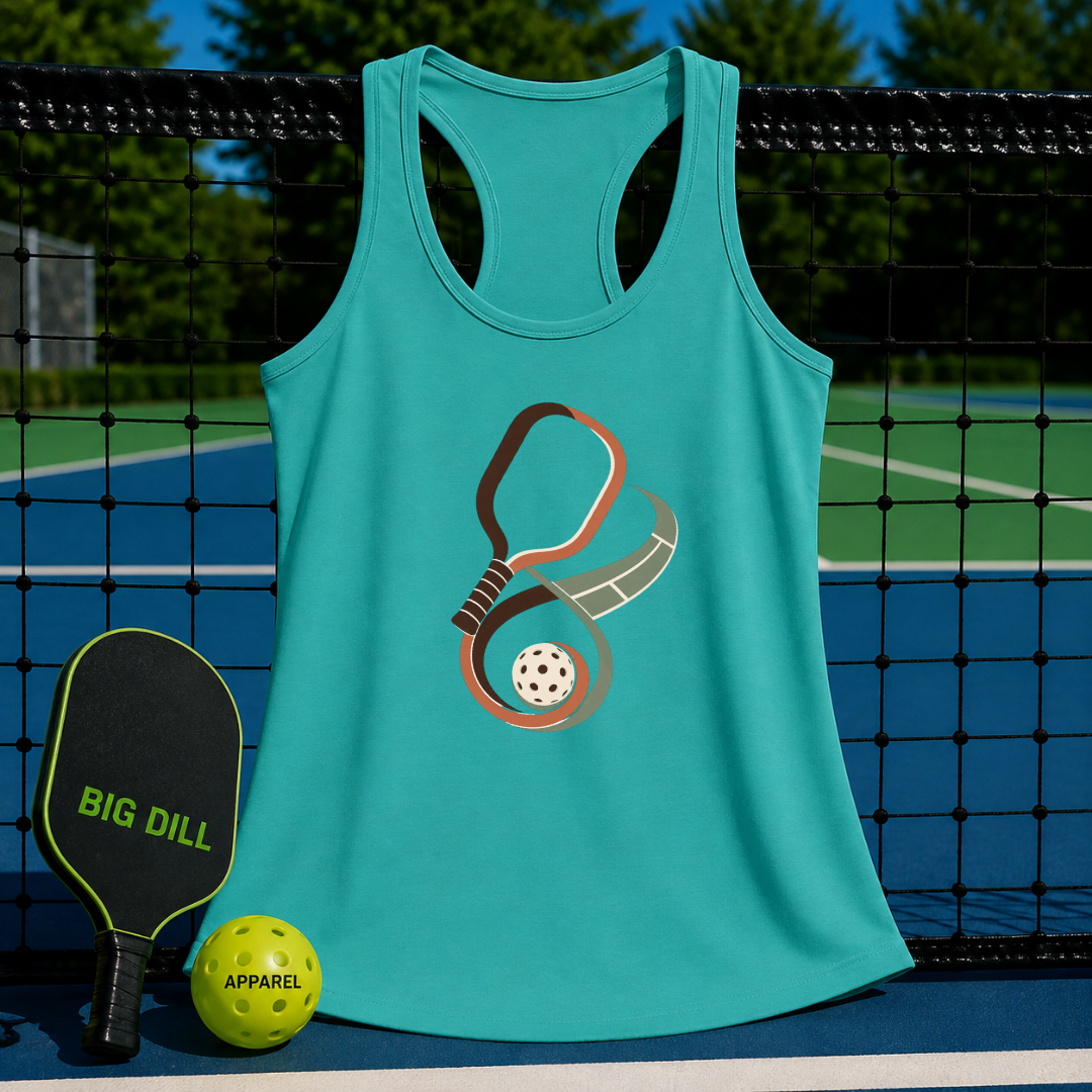 Teal racerback tank top featuring a retro pickleball graphic, displayed on a court with a paddle and ball.