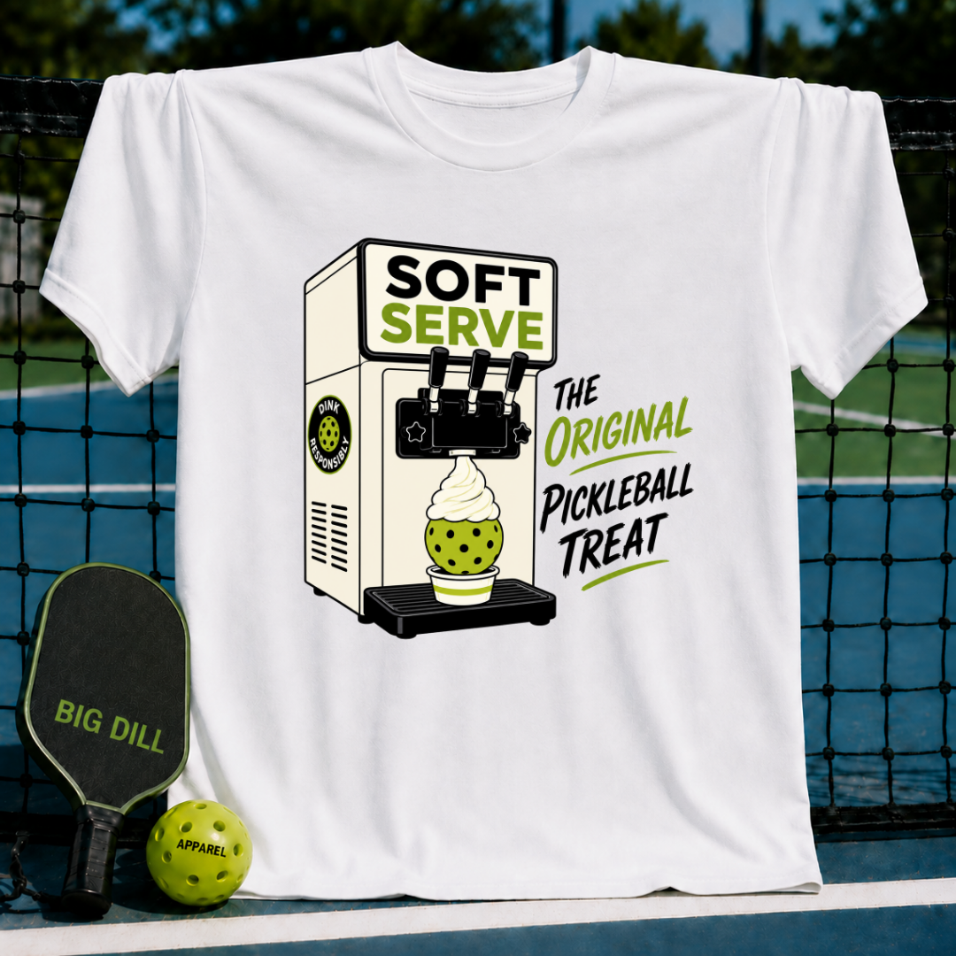 White unisex t-shirt featuring a retro soft serve machine graphic dispensing a green pickleball into a cup.