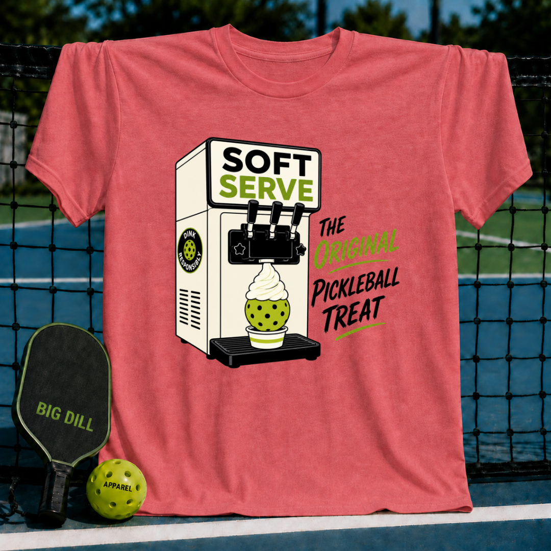 Coral unisex t-shirt featuring a retro soft serve machine graphic dispensing a pickleball-themed ice cream treat.