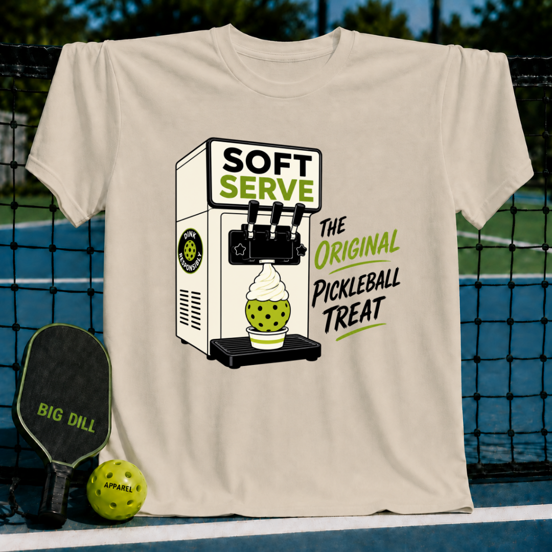 Heather gray unisex t-shirt featuring a retro soft serve machine graphic dispensing a green pickleball into a cup.