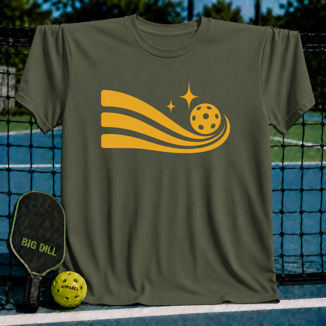 Olive green unisex Solar Flow 2 t-shirt featuring a yellow pickleball graphic with motion lines and stars on a pickleball court.