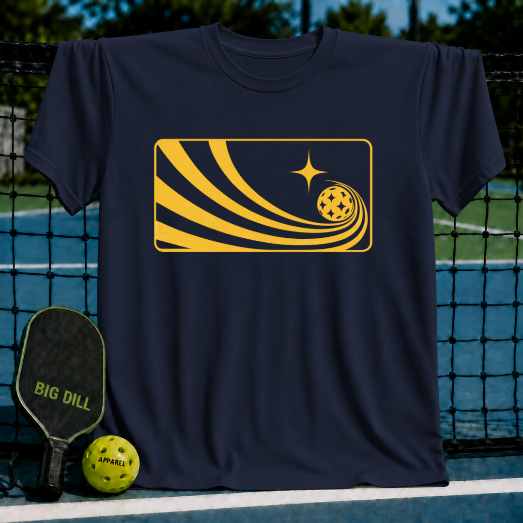 Navy blue unisex Solar Flow T-shirt featuring a yellow graphic of a pickleball with a comet-like trail on a pickleball court.