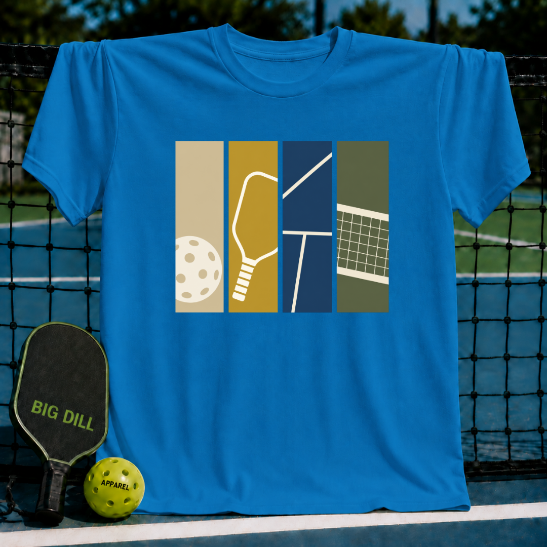 Bright blue Swatches T-shirt featuring a graphic print of pickleball equipment in vertical color-blocked panels.