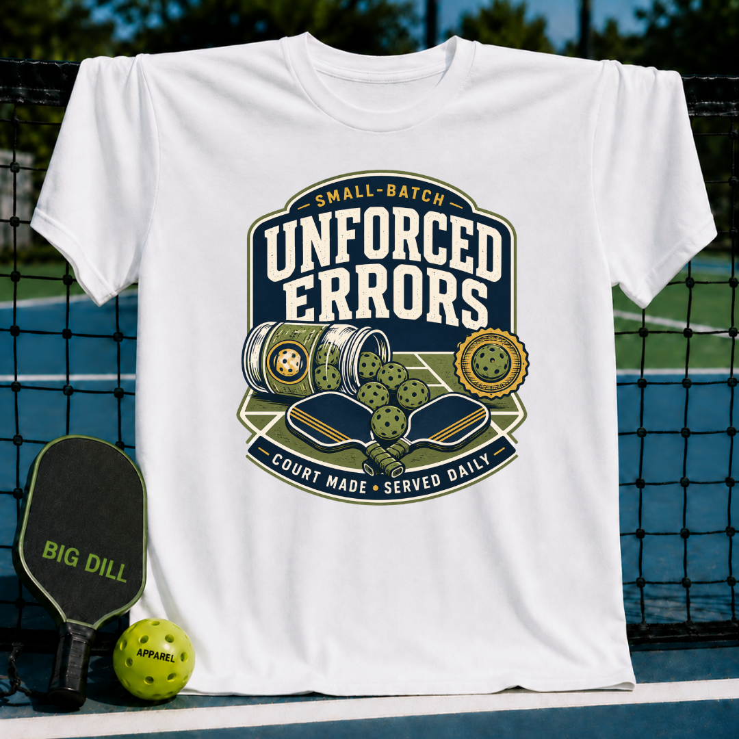 White t-shirt featuring a vintage-style pickleball graphic with paddles, balls, and the text Small Batch Unforced Errors.