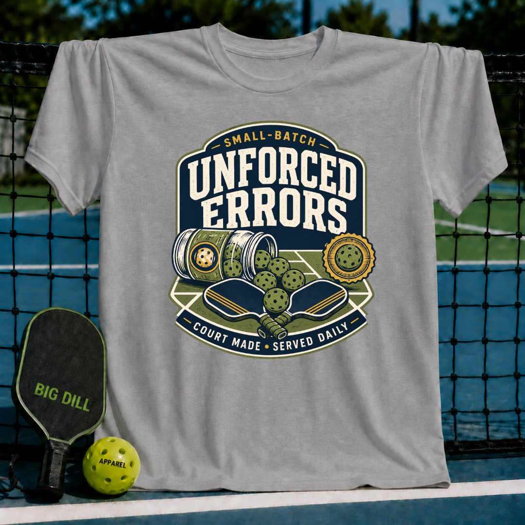 Grey t-shirt featuring a pickleball graphic with paddles, balls, and the text Small Batch Unforced Errors.