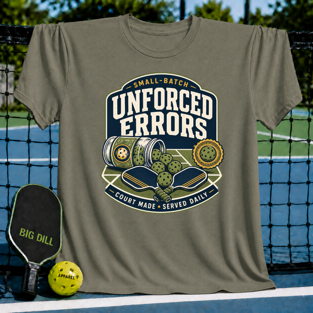 Olive green t-shirt featuring a vintage-style pickleball graphic with paddles, balls, and Unforced Errors text.