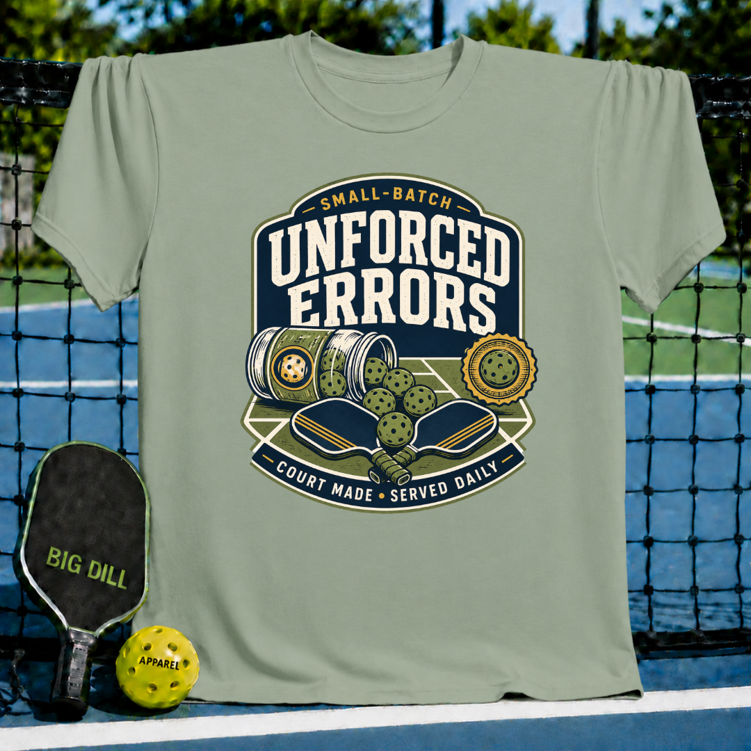 Sage green crewneck t-shirt featuring a vintage-style pickleball graphic with paddles, balls, and Unforced Errors text.