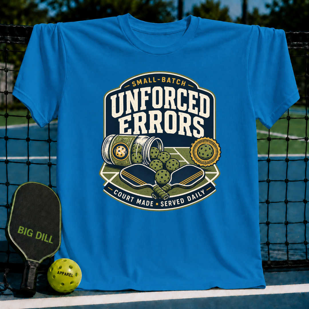 Bright blue t-shirt featuring a pickleball-themed graphic with paddles, balls, and the text Unforced Errors.